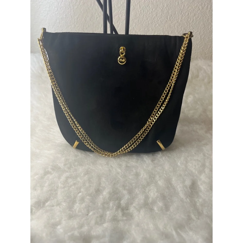 Vintage Ande 1960’s Black Suede Evening Bag Gold Double/Single Chain